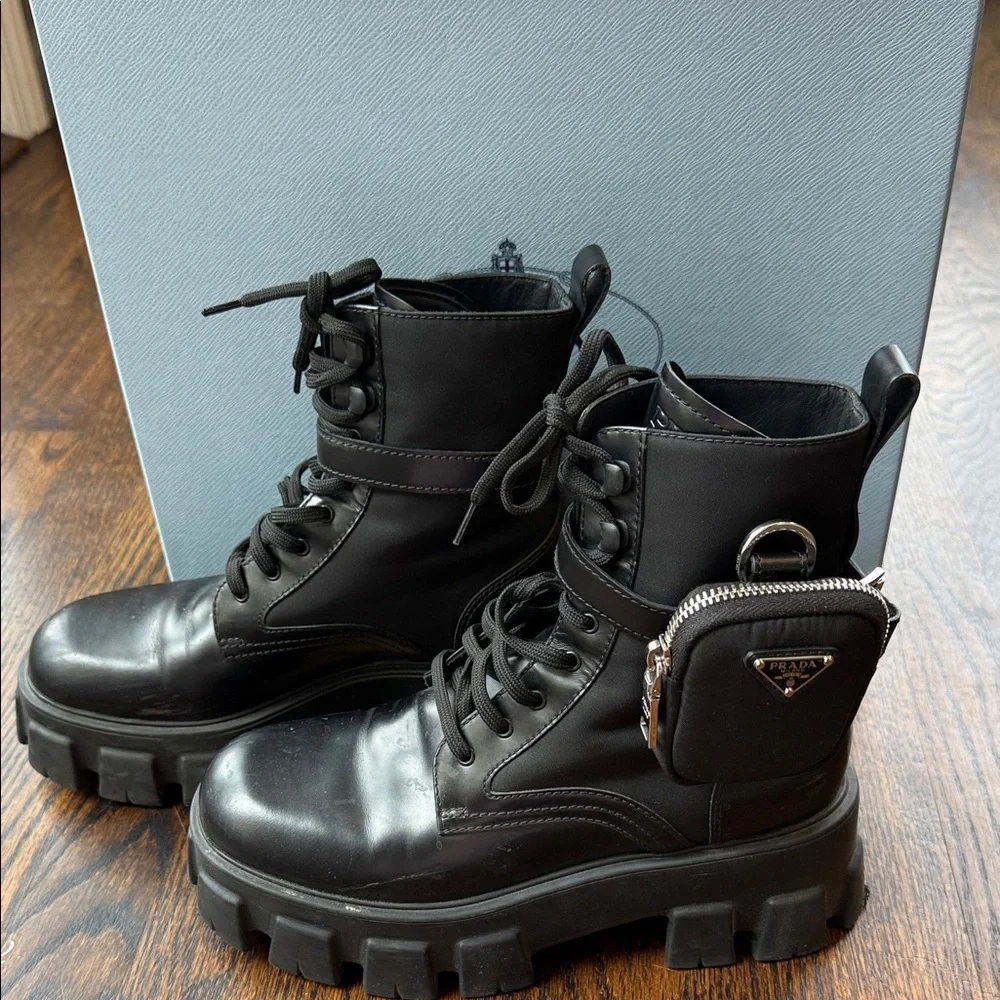 Prada Black Leather Lug-Sole Combat Boots with Detachable Mini Pouch - Picture 6 of 16